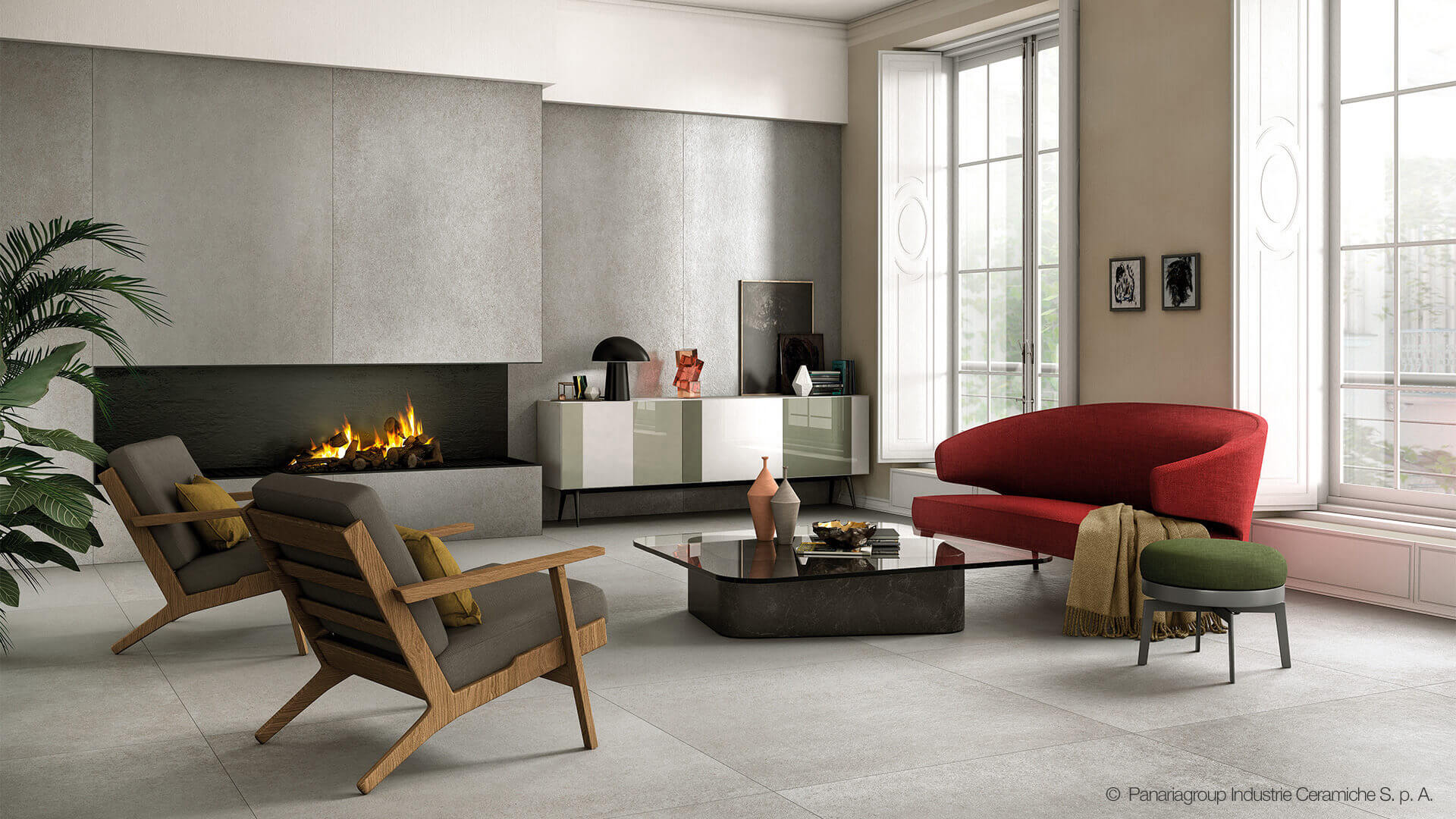 Modernes Wohnzimmer im Loftstyle mit Fliesen